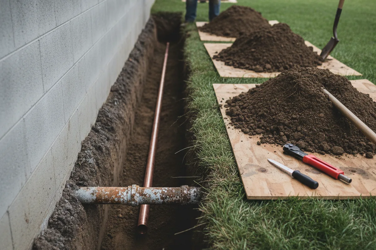 Excavated water line trench during Water Softener Installation in Lewes